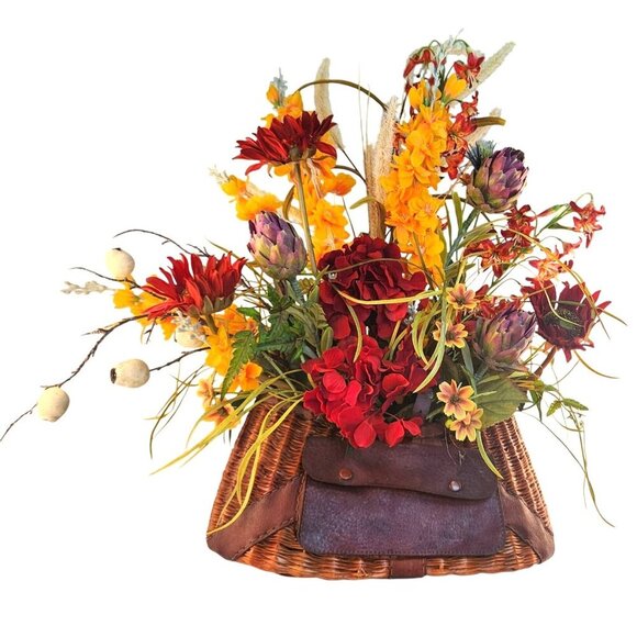 Artificial Floral Arrangement In Vintage Fishing Creel Wicker Basket With Leathe - Picture 3 of 14